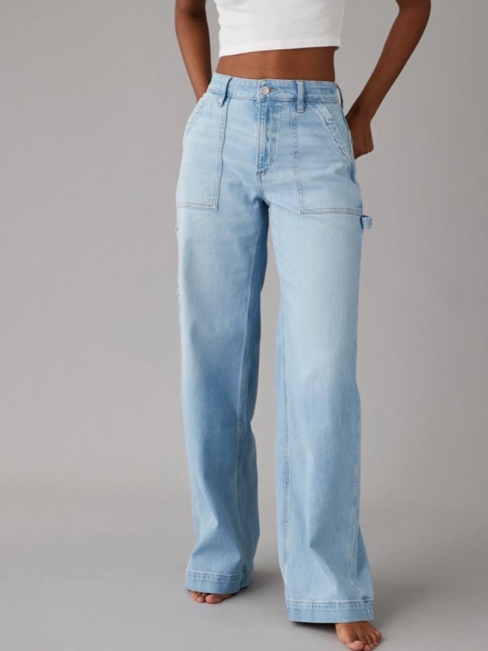 NWT AE Dreamy Drape Super High Rise Baggy Wide Leg Light Blue Denim Jeans